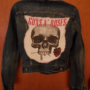 Custom H&M Blue Jean Jacket with Guns N' Roses Skull and Rose Patch On Back
